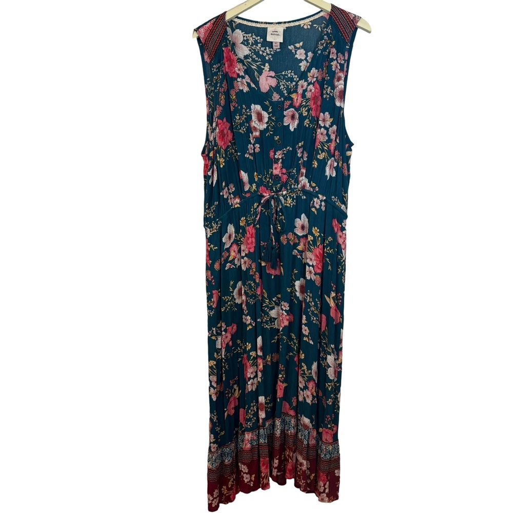 Knox Rose Floral Flowy Midi Dress Sz XL Cottagecore Empire Waist Light Teal Pink